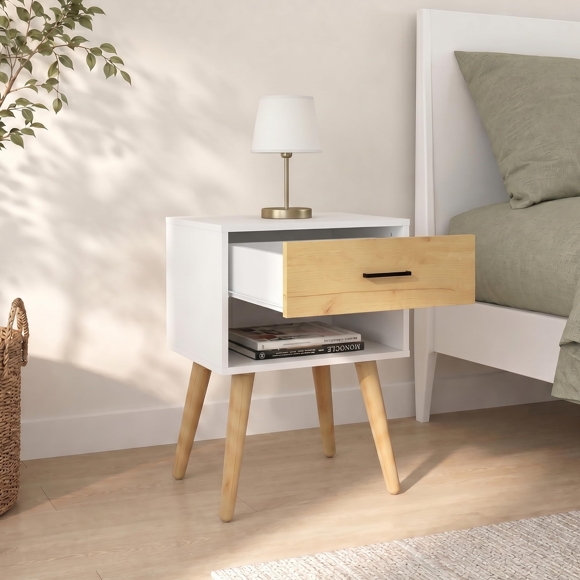 VCM Nachttisch mit Schublade und Ablagefach, 45 x 30 x 70 cm, Beistelltisch im Retro-Design mit Holzfüßen - Singol XL Weiß/Honig-Eiche