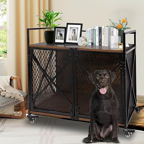 Mueble resistente para perros de 41 pulgadas de largo con cojín, jaula de madera para interiores, mesa auxiliar de doble puerta con ruedas con