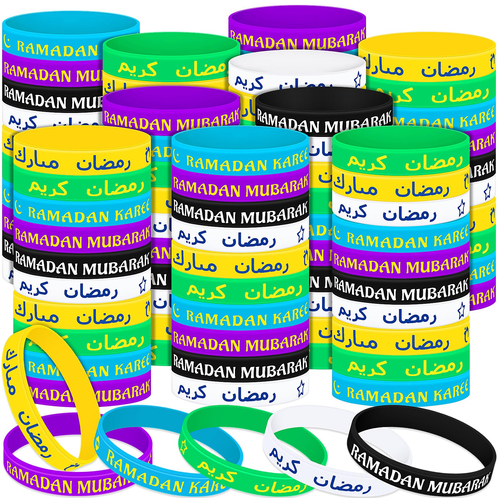 Landical 60 Pcs Eid Al Adha Silicone Bracelets Ramadan Mubarak Kareem Motivational Rubber Wristbands Colored Silicone Bracelets Muslim Gifts Ramadan Festival Party