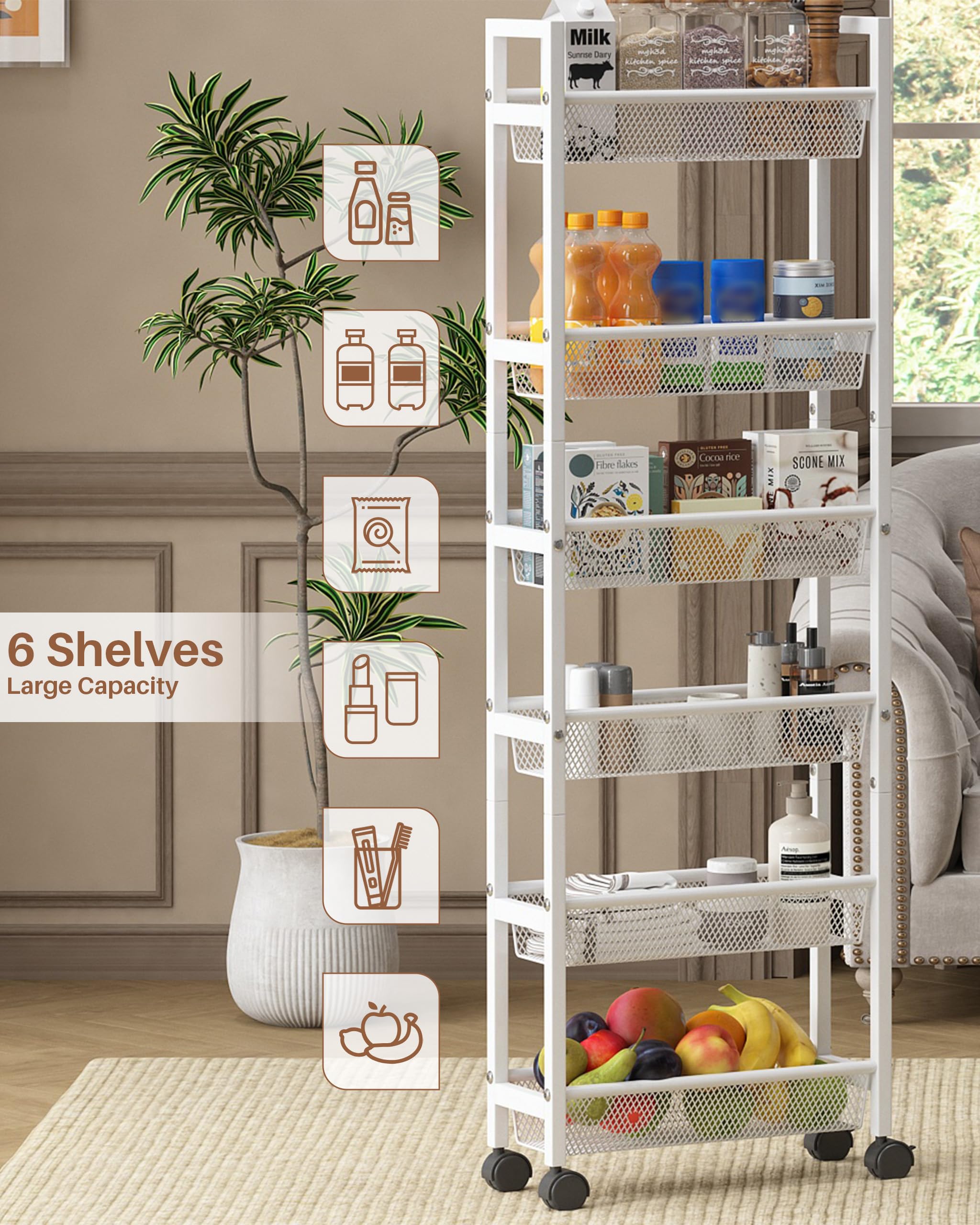 Ccarrito Cocina Estrecho con Ruedas,Carrito de Cocina 15 cm Ancho | 6 Niveles, Metálico, Ahorra Espacio, Blanco, Móviles Carro de Almacenamiento para Espacios Pequeños Baño Lavadero