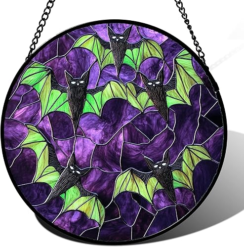 Vista 10 de Colgante de vidrieras para colgar en la ventana, decoración de Halloween, esqueleto y calabaza, atrapasoles para puertas, jardín, interior, Varios