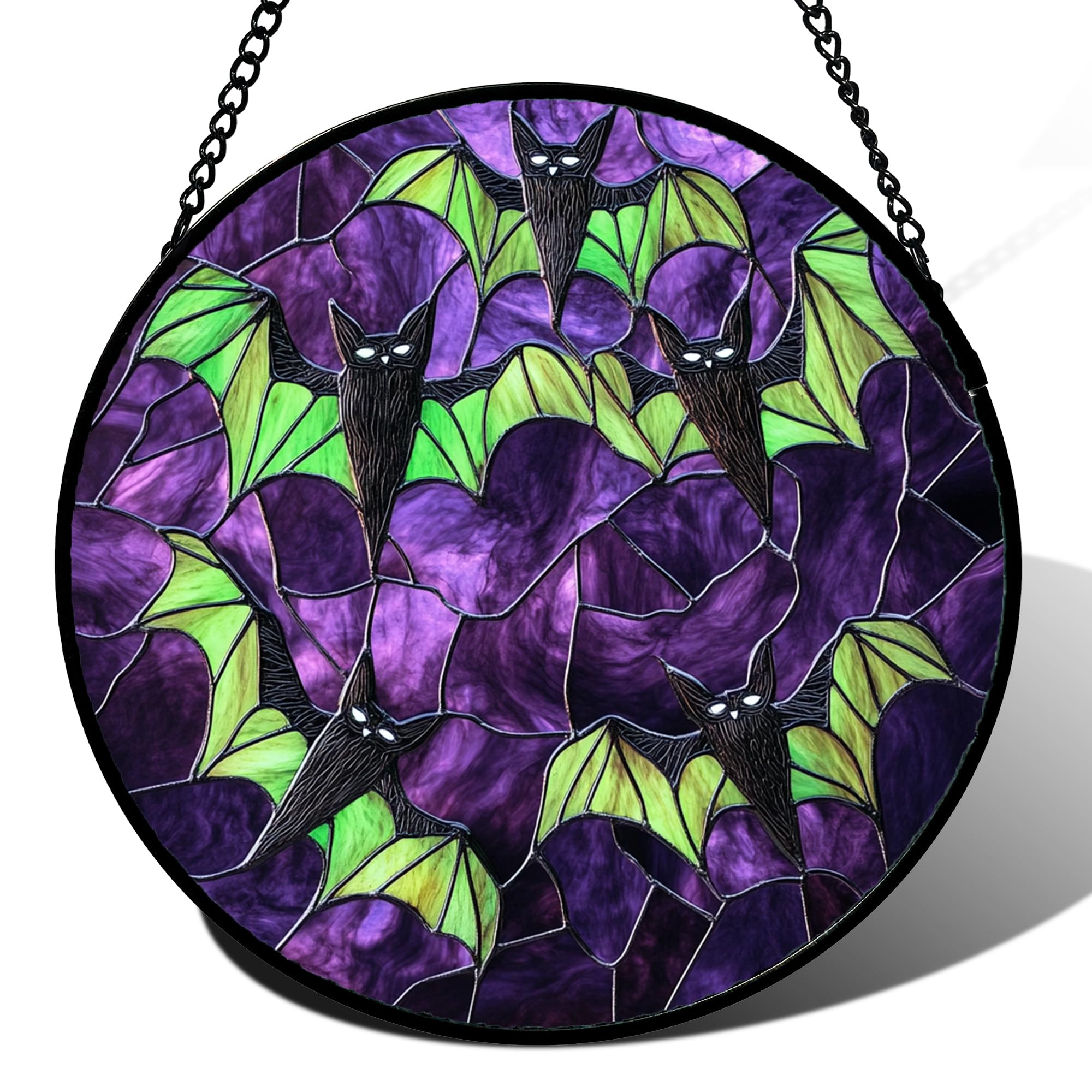 Halloween Bats Purple Stained Glass Window Hanging Suncatcher Gifts 7.8"