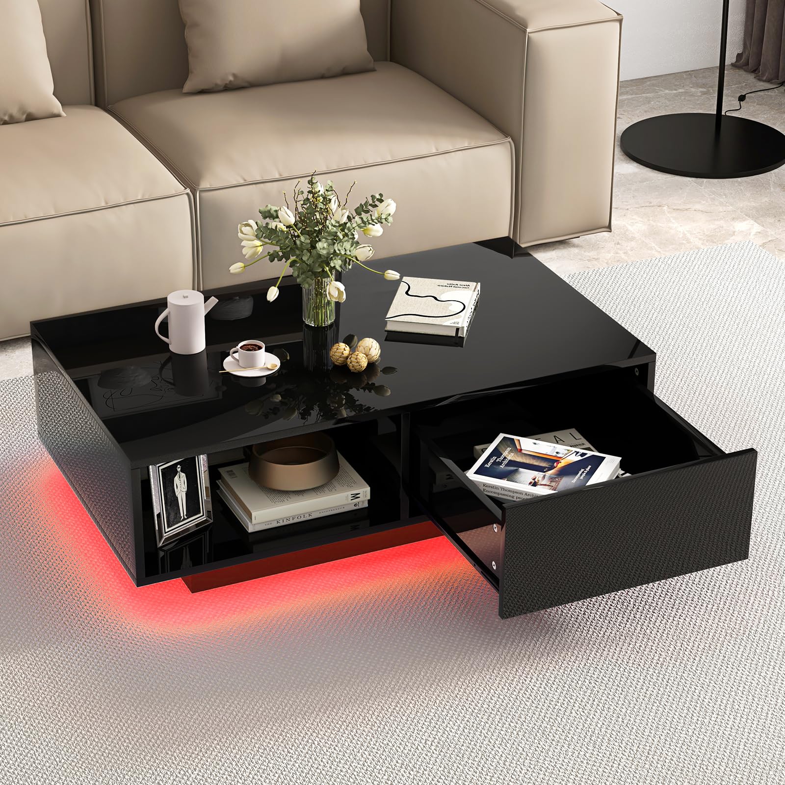 COSTWAY Tavolino da Salotto in Legno, Tavolino Moderno e Rettangolare con 20 Colori di Luci a LED, Telecomando, Cassetto e Ripiano Aperto, Tavolino per Studio e Ufficio (Nero)