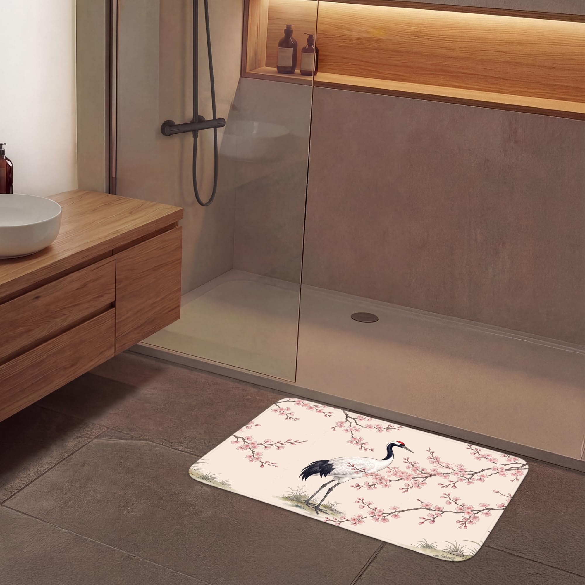 Tapis De Bain Rectangulaire 90x60 cm Douche Decoration Absorbant Antidérapant Lavable Non Slip Bath Mat Accessoire Baignoire Asiatique - Grue - Beige