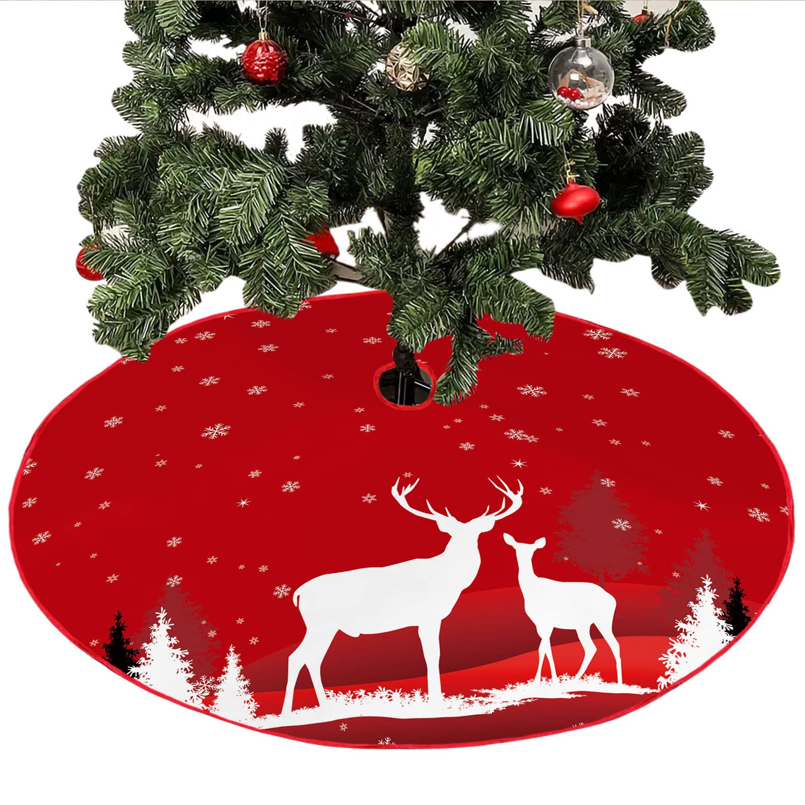 CHICIEVE 35,4 inch rood en goud kerstboom rok, herten kerstman en sneeuwvlok patroon kerstdecoraties huis en vakantie feest decoratie (rood-herten kerstman) (zwart