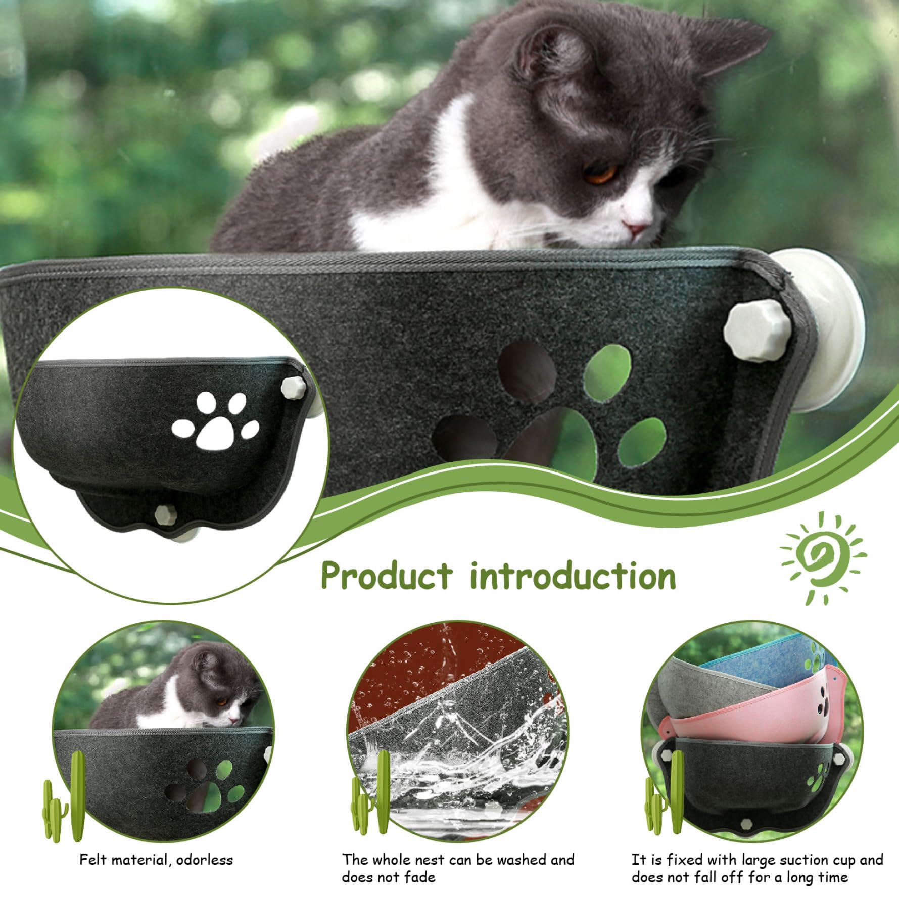 Lit de fenêtre de Chat, Aspiration de lit de Chat Window 20 x 11 x 11 Forme de Mine de fenêtre de Chat Hamac Lavable Cat Car Hamac Soft Cat Lounge Sage pour négligence, Voiture de Chat Hamac