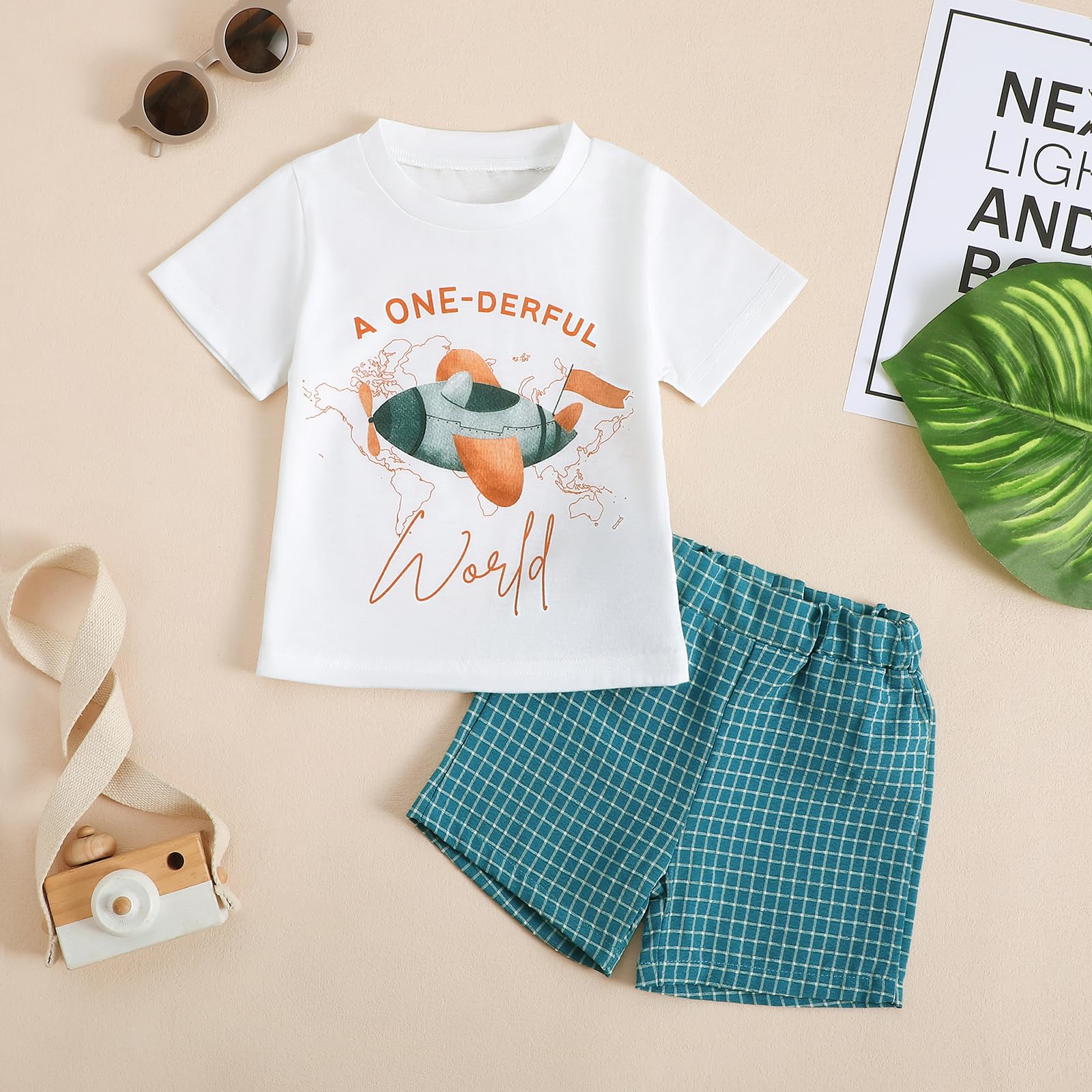 Canis Baby Boys First Birthday Outfit Airplane Print A One-derful World Short Sleeve T-Shirt and Plaid Shorts Set (Blue, 12-18 Months)