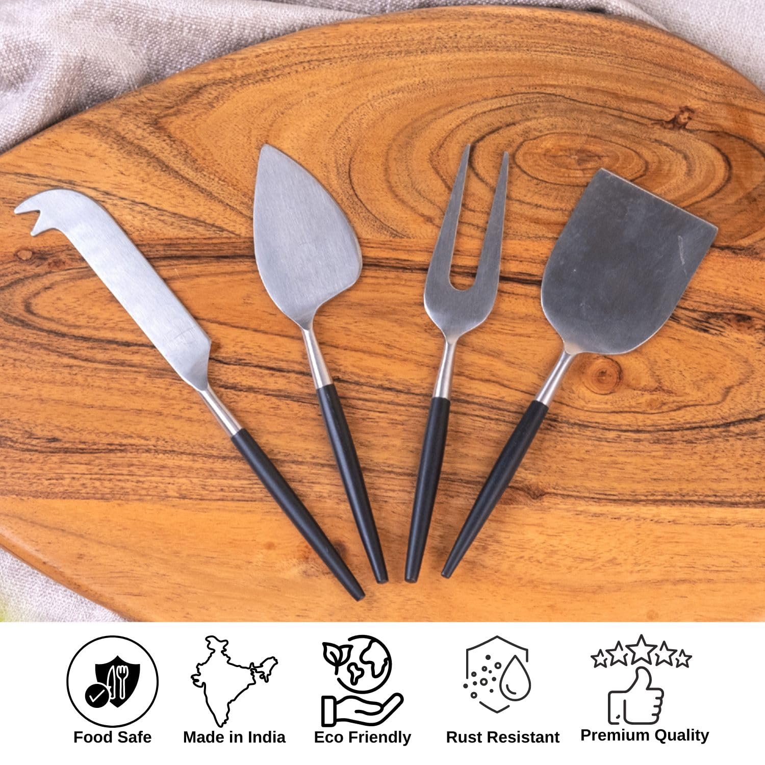VarEesha Radiant Black Handle Silver Heads Cheese Knives Set | Set of 4 Pieces Cheese Knives, Stainless Steel Cheese Spreader,Slicer,Prongs,Fork 3