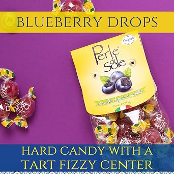 The Original Perle di Sole Blueberry Hard Candy with a Tart Fizzy Filling - Italian Hard Candy Individually Wrapped (7.05 oz | 200 g) Pack of 4