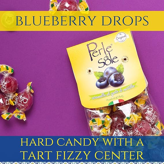 The Original Perle di Sole Blueberry Hard Candy with a Tart Fizzy Filling - Italian Hard Candy Individually Wrapped (7.05 oz | 200 g) Pack of 4