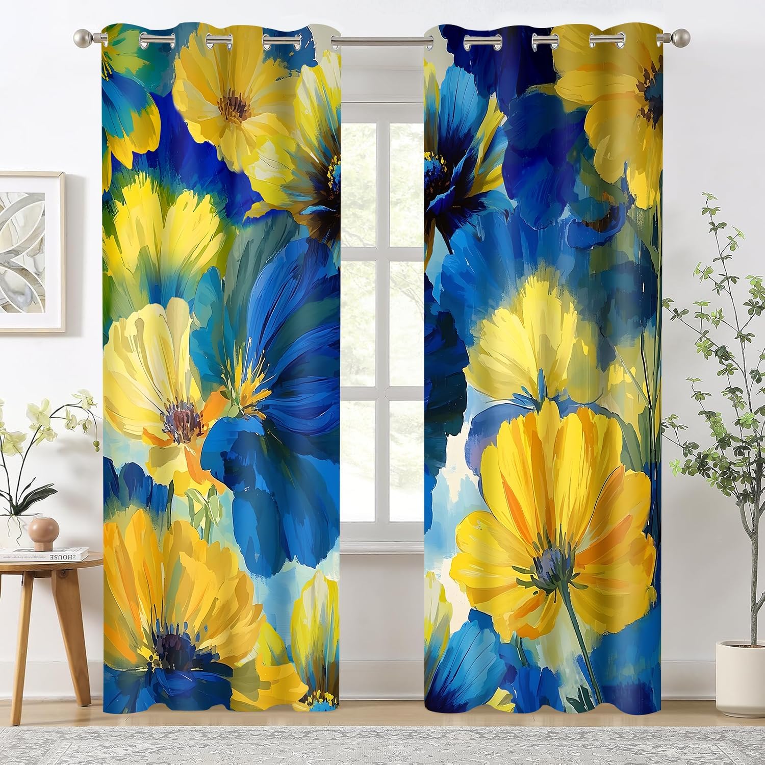 Yellow Blue Flower Curtains Watercolor Floral Painting Blackout Curtain 52x84inch Modern Art Gradient Color Insulation Drapes for Bedroom Living Room 2Panels HI017YL