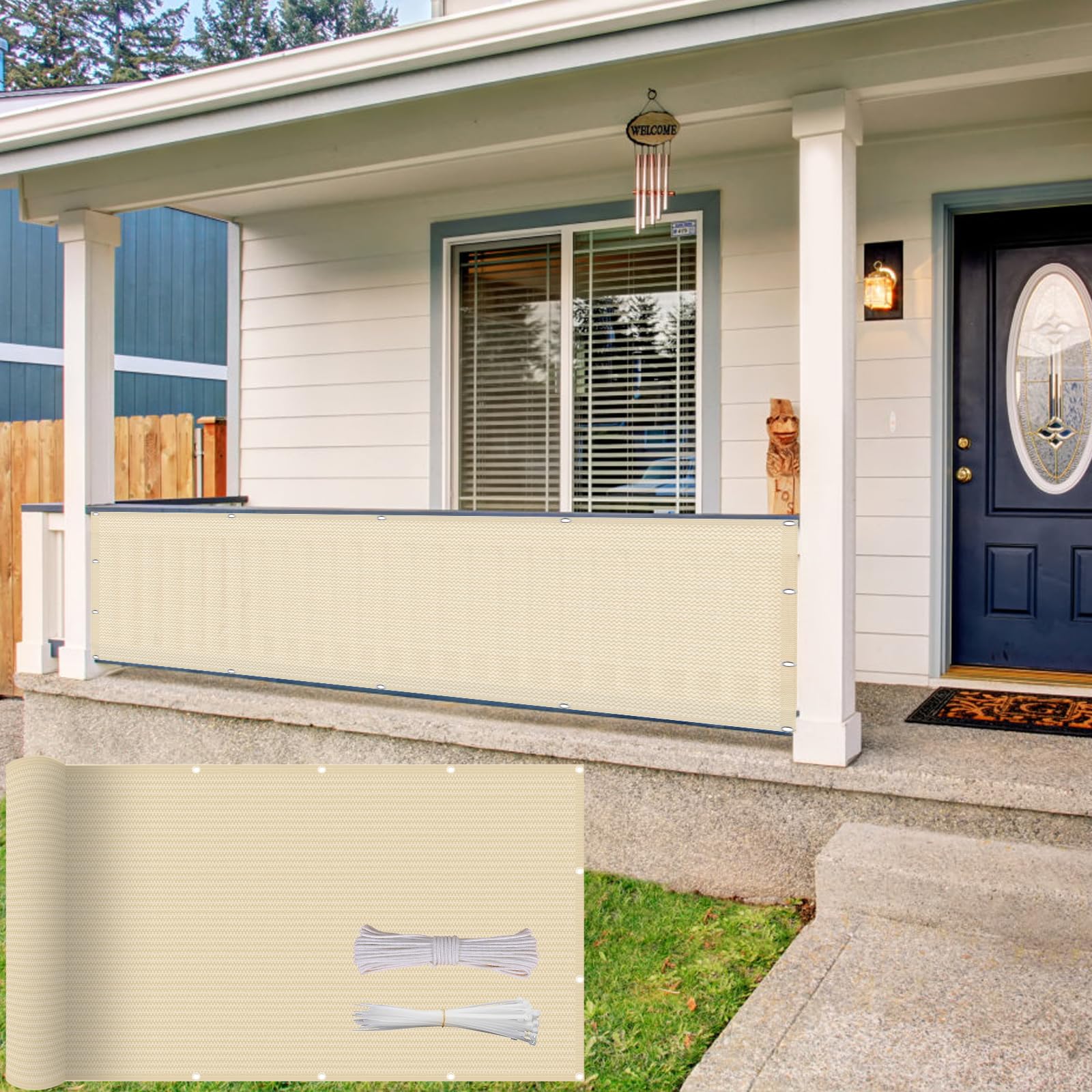 Copri Balcone 62 x 575 cm in HDPE 220G ㎡, Permeabile, Anti-Uv, Frangivento, Protezione Solare, Telo Frangivento per Balconi con Fascette e Funi para Jardín Exterior, Color Crema