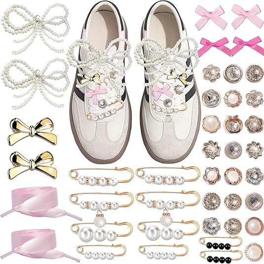 Shoe Charms for Sneakers, 42Pcs Ribbon Shoe Laces Women Shoelace Charms with Bows/Clips/Pins/Jewelry,Sock Shoe Decoration Charms,Shoe Jewelry for Sneakers,Hot Pink Shoe Accessories
