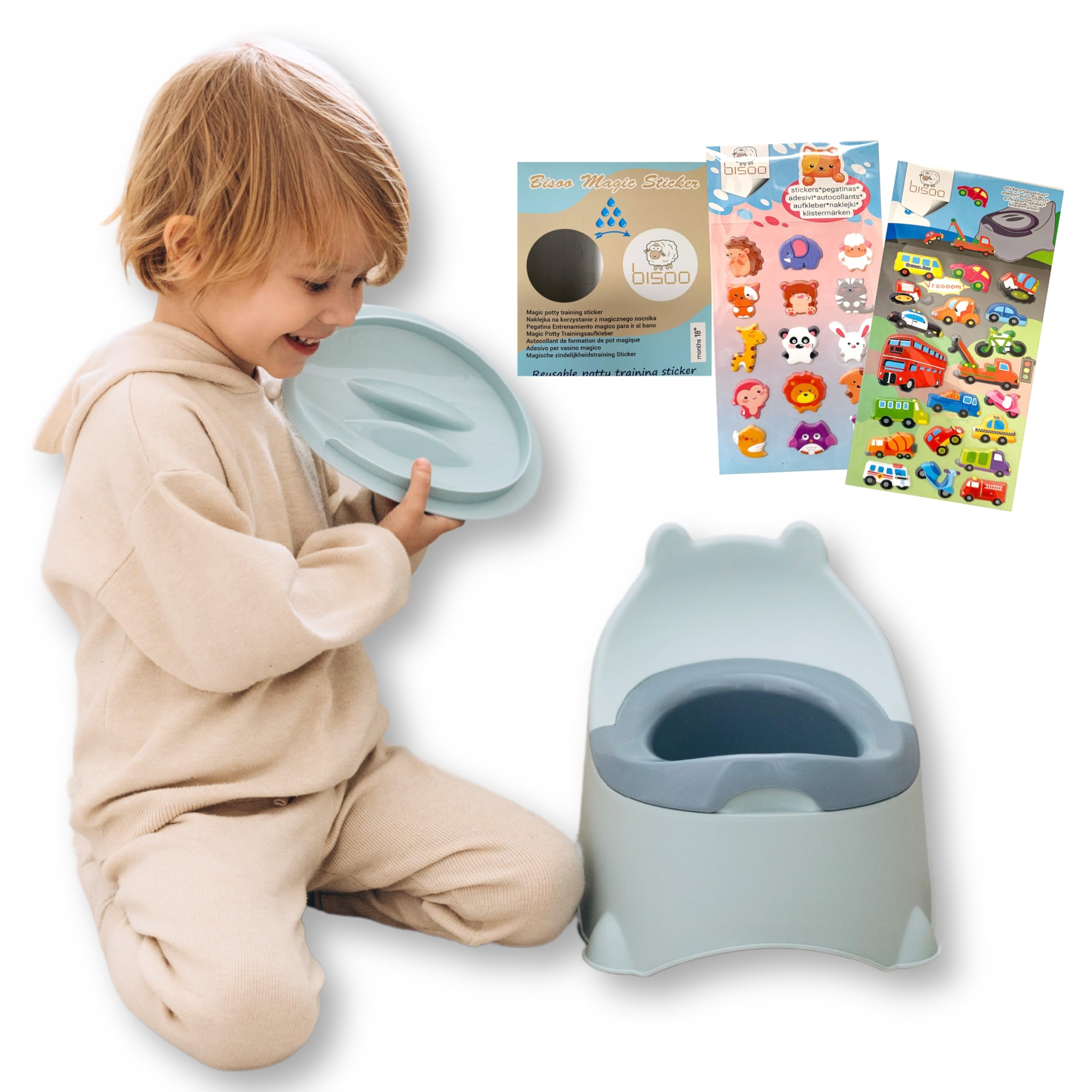 Bisoo Töpfchen für Kinder - Magisches Töpfchentraining mit Spaß - Kindertoilette mit Thermosticker, Anleitung und Sticker-Sets - Ergonomisches, Töpfchen baby, Einfache Reinigung, BPA-frei - Klo Blau