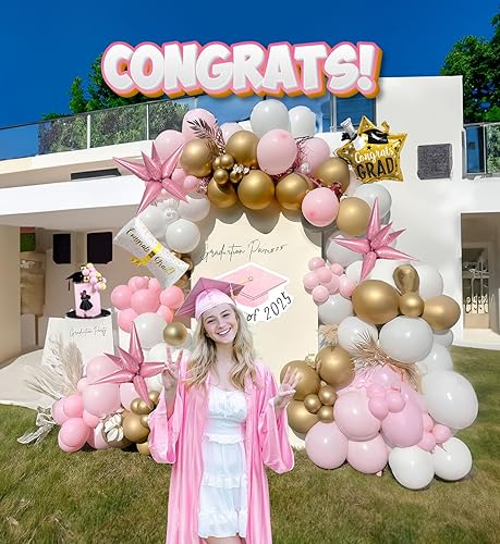 Miniatura 3 de Kit de guirnalda de arco de globos rosa y dorado para graduación 145 piezas con gran estrella dorada Globos con letras GRAD para decoraciones de