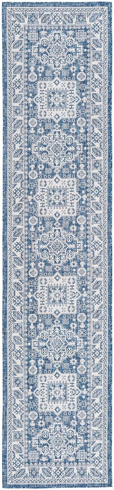 Rugs.com Outdoor Aztec Collection Rug – 12 Ft Runner Blue Flatweave Rug Perfect for Hallways, Entryways