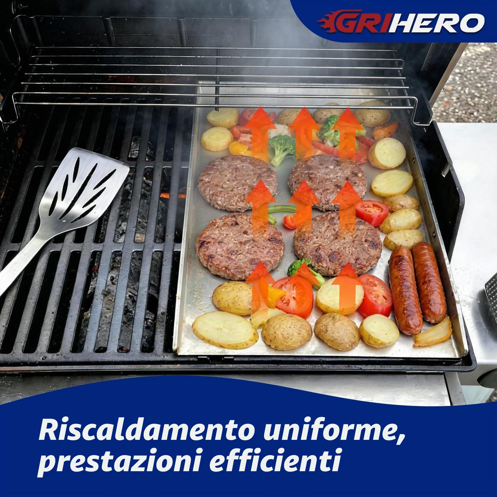Piastra per griglia in acciaio inox da 40 x 30 cm, con spatola e raschietto | Piastra universale spessa 4 mm per barbecue a gas e a carbonella