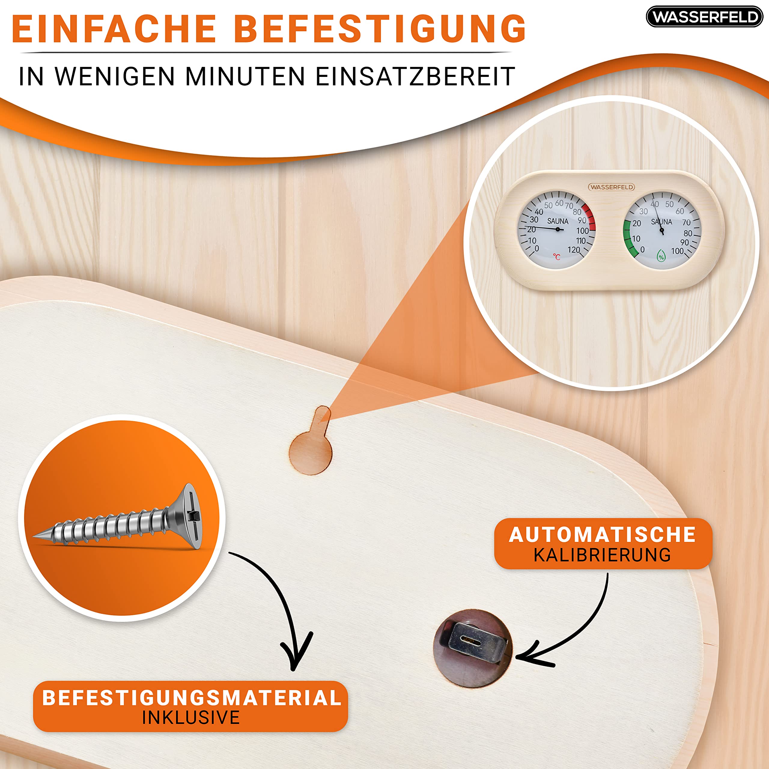 WASSERFELD® Thermomètre hygromètre de sauna [fonction 2 en 1] Thermomètre de sauna précis pour une mesure précise de la température et de l'humidité – Hygromètre avec verre trempé – Accessoires de