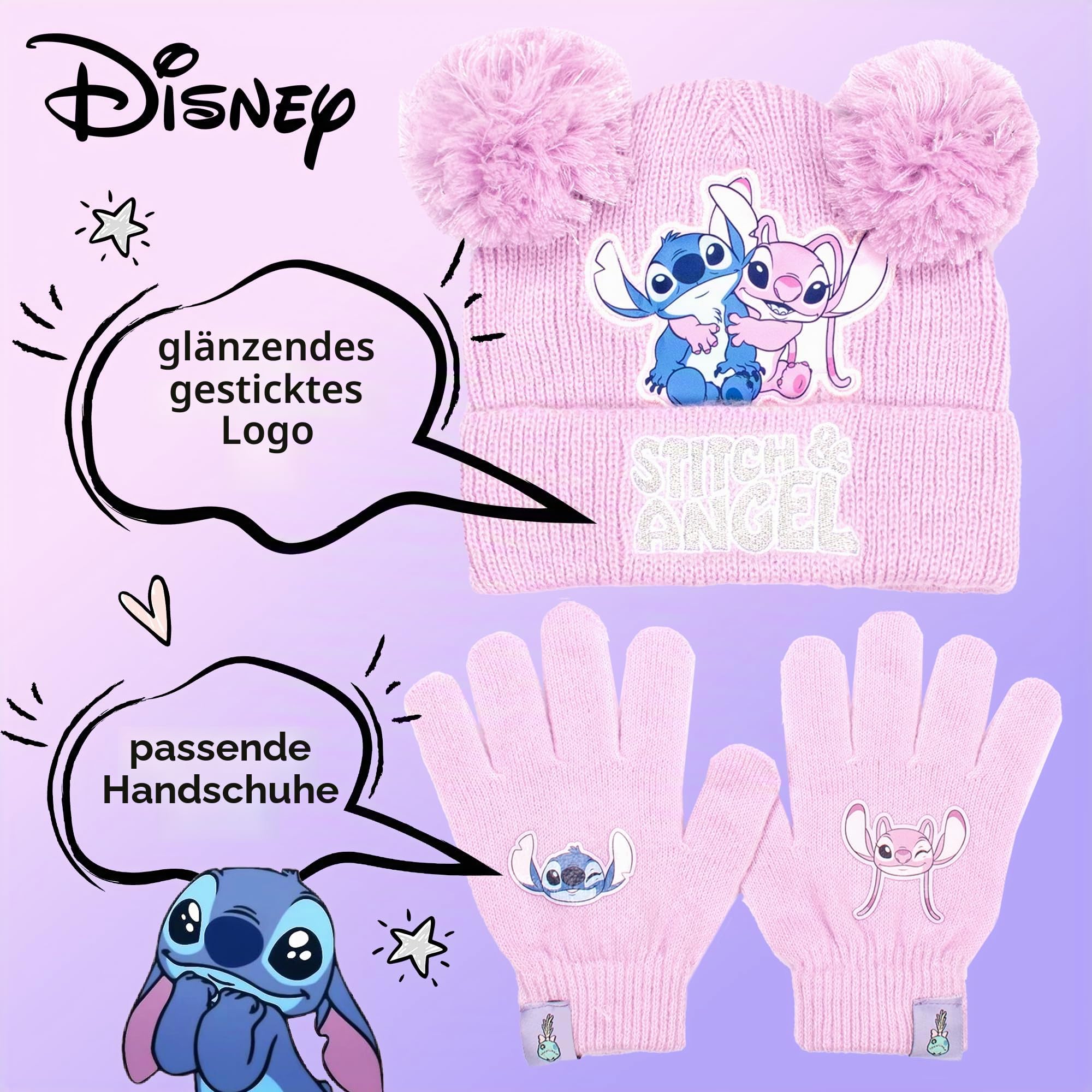 Disney Lilo & Stitch Wintermütze & Handschuhe Set für Mädchen - Warme & Kuschelige Beanie Mütze & Handschuhe - Perfekt für Kinder im Alter von 6-12 Jahren