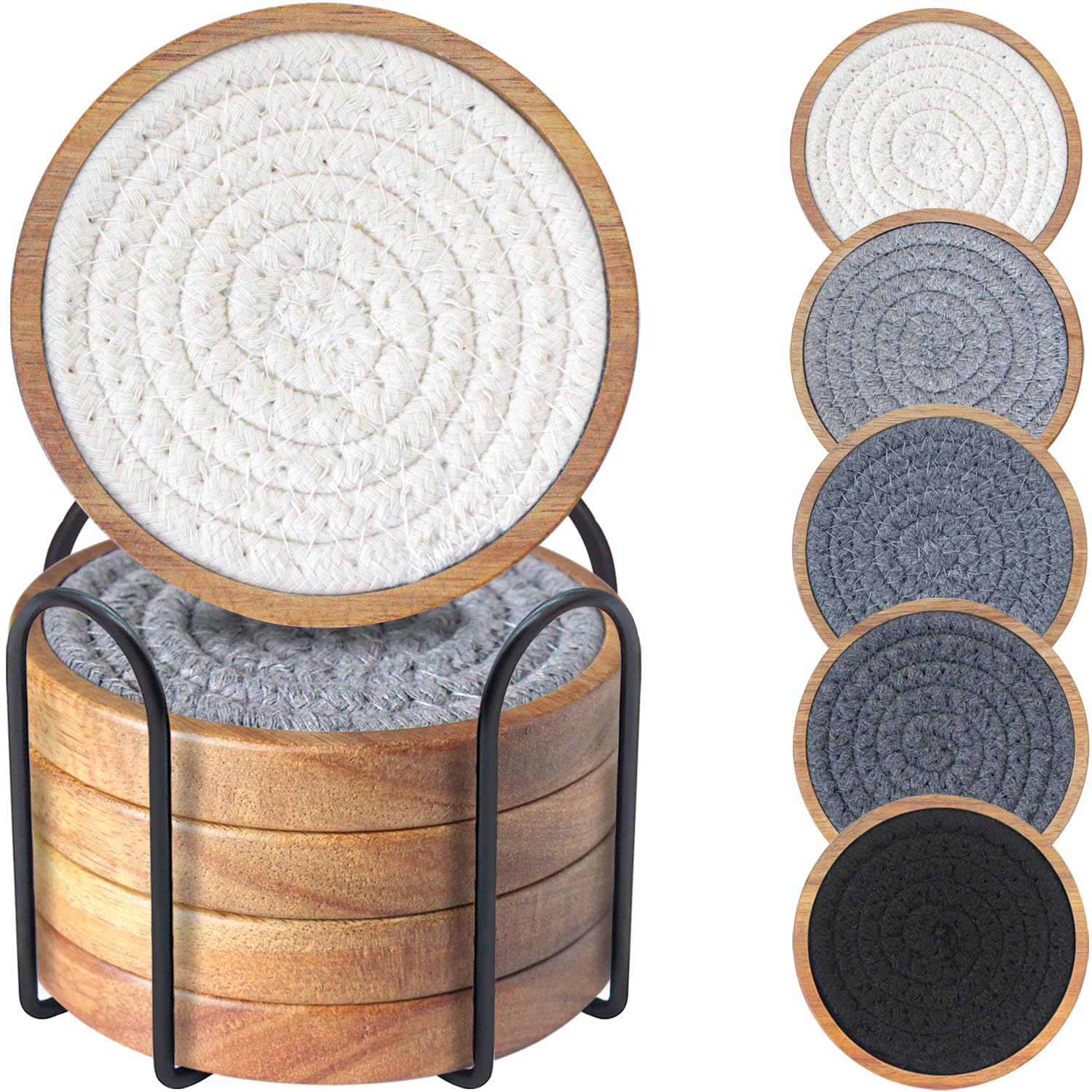 Eykao Coasters for Drinks Absorbent Sets of 5, Woven Coasters with Holder, Housewarming Gift for Farmhouse Home Decor, 4 inches (Gray Series)
