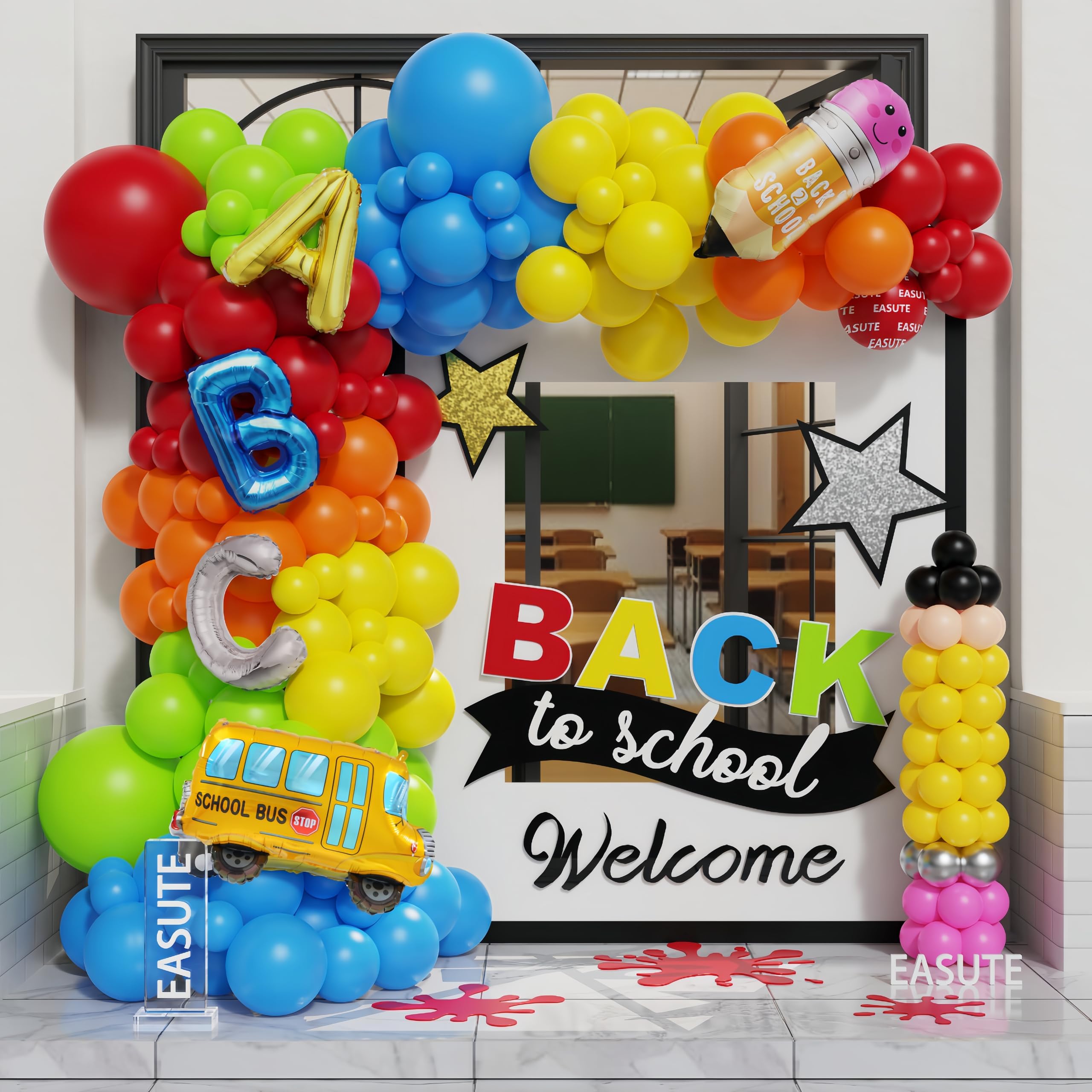 Back to School Balloon Garland Arch Kit Back to School Decorations Rainbow Letter School Bus Pencil Foil Balloon for Welcome Back To School Party for