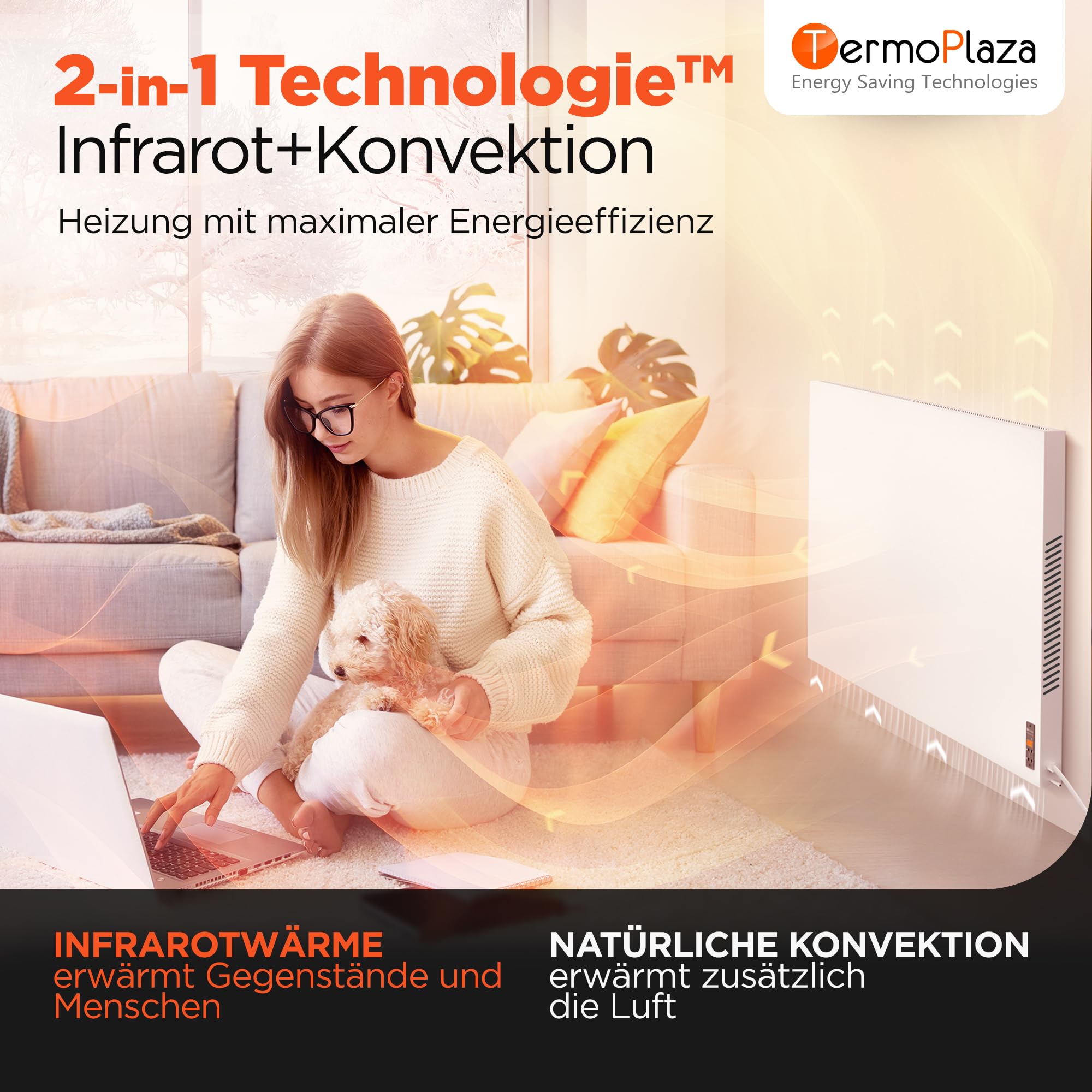 TermoPlaza WLAN Infrarotheizung mit Thermostat 1100 W bis 28 m² | Intelligente Infrarot Wandheizung & Standgerät | Energiesparende Infrarot Elektroheizung & Konvektor Heizung für Zuhause und Bedzimmer