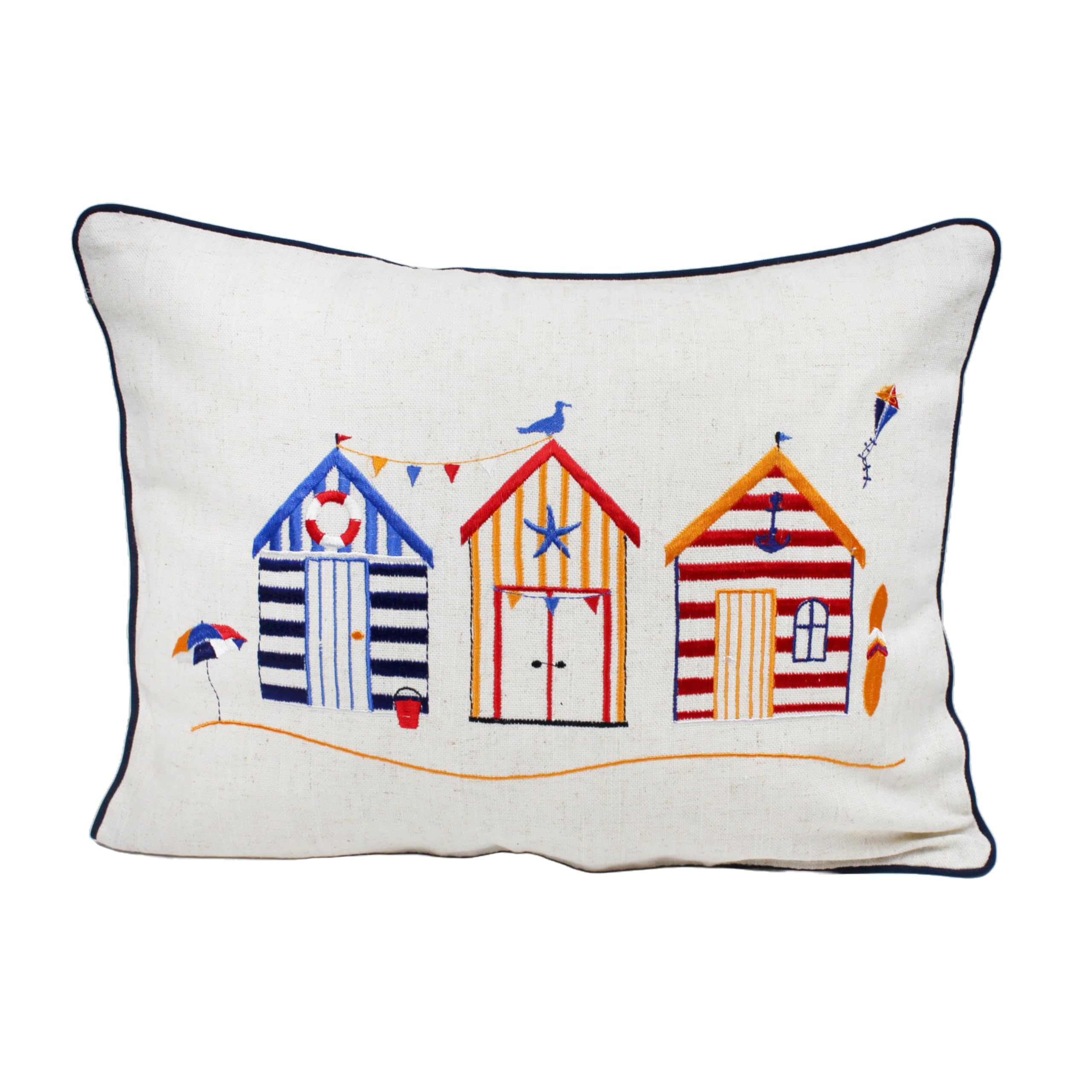 Peggy Wilkins Beach Huts Rectangle Cushion 32 x 44 cm – Coastal Inspired Lumbar Cushion with Embroidered Design, Removable Cover & Hidden Zip, Filled Decorative Sofa Cushion