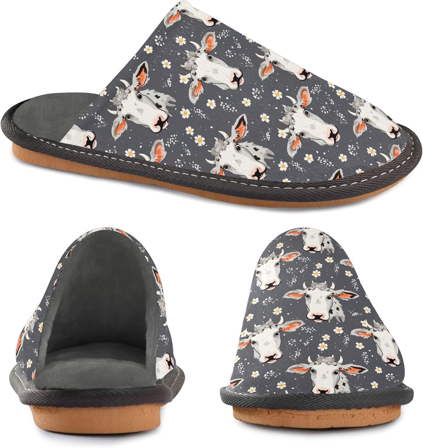 Cow Flowers House Slippers – Cozy Fuzzy Slippers for Guests, Washable & Disposable, Perfect for Shoeless Home, Spa & Hotel Use A112876