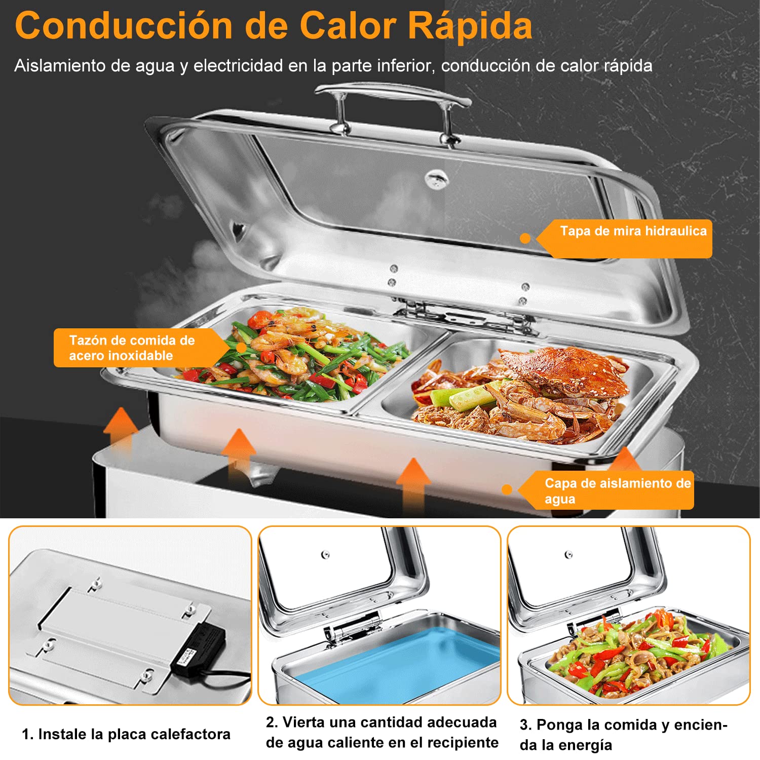 9L Chafing Dish Electrico de Acero Inoxidable, Calentador de Comida Comercial Temperatura Ajustable para Buffet, Calentador de Buffet con con Tapa Visible (1/3 Pan)