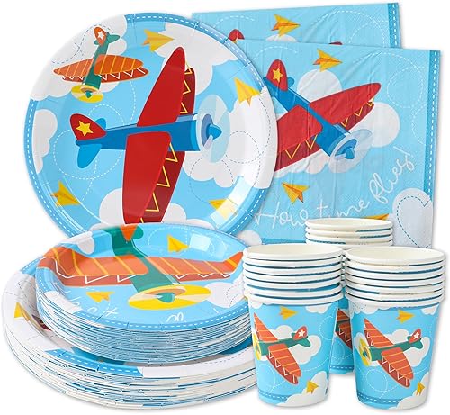 Decoraciones de fiesta de cumpleaños de avión (sirve 24) platos llanos, platos de postre, vasos, servilletas. Decoración de baby shower de avión y
