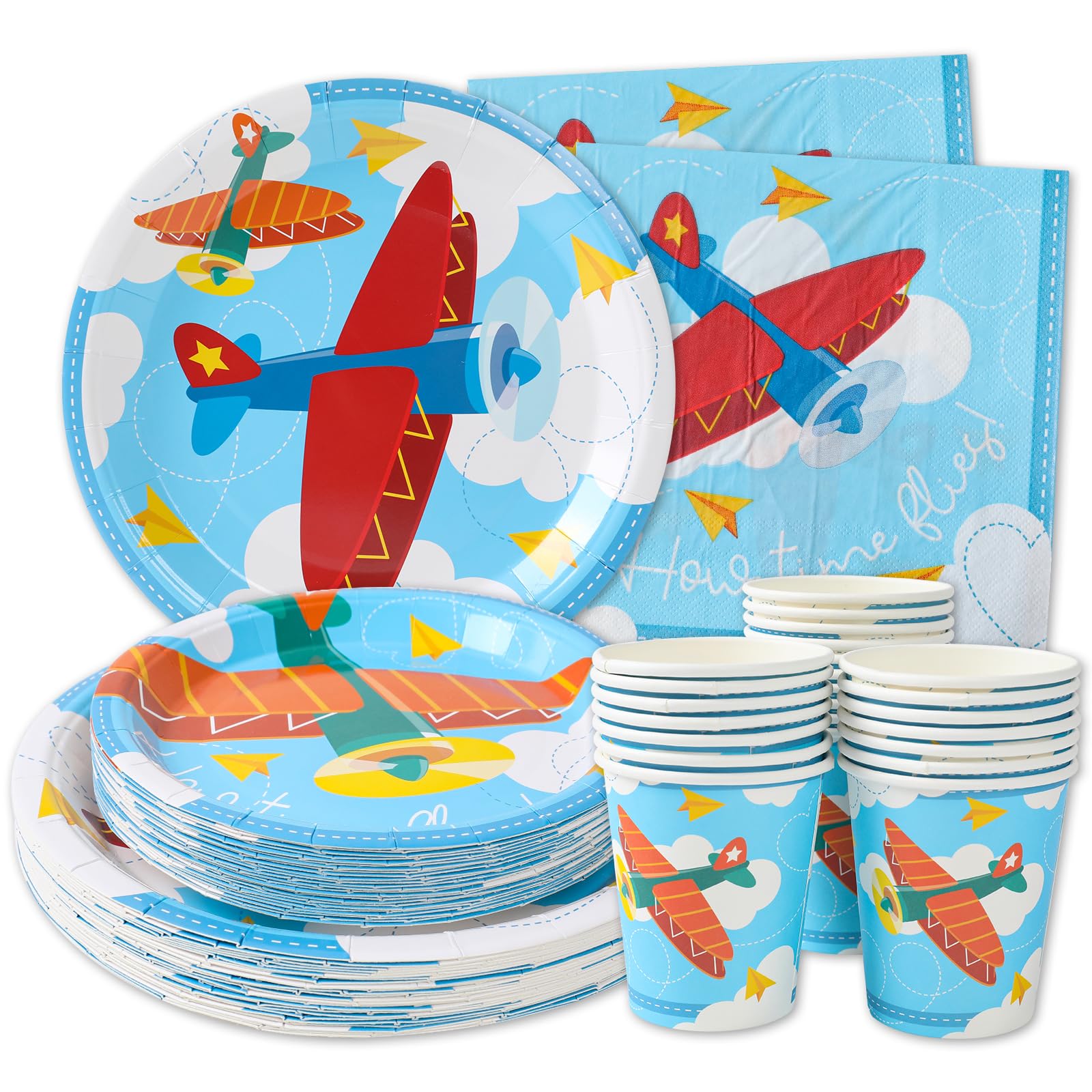 Airplane Birthday Party Decorations (Serves 24) Dinner Plates, Dessert Plates, Cups, Napkins. How Time Flies Baby Shower and Birthday Decorations for