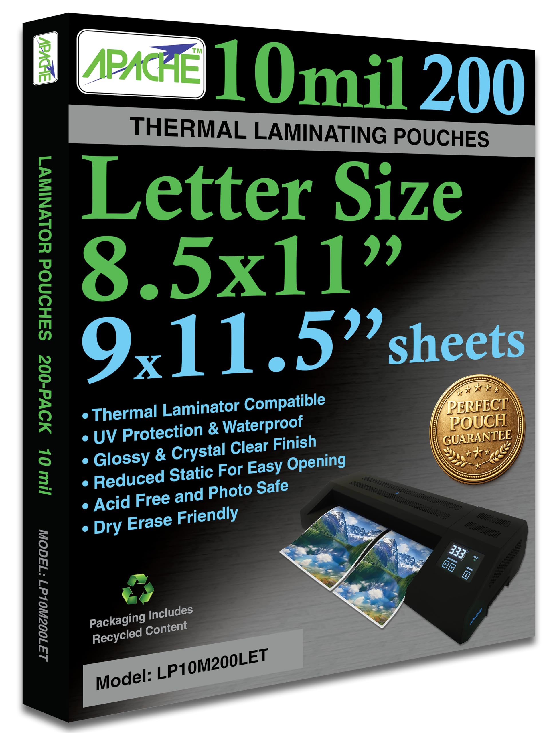 Apache Letter Size Laminating Pouches, 10 Mil, 200 Pack, Holds 8.5 x 11 Inch Projects (9 x 11.5 Inch Pouch Size), Thermal Laminator Compatible Laminating Sheets, Super Clear, Round Corners