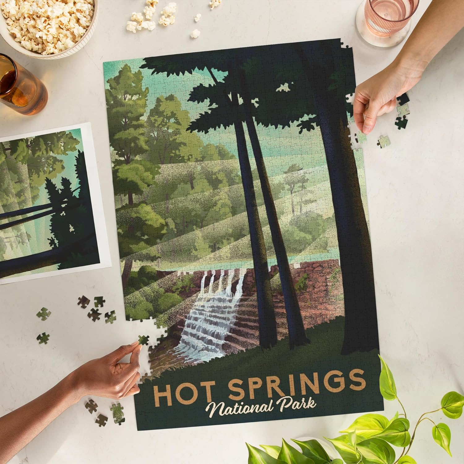 Lantern Press Hot Springs National Park, Arkansas, Lithograph National Park Series 1000 Piece Jigsaw Puzzle for Adults, Made in USA with Reference Poster