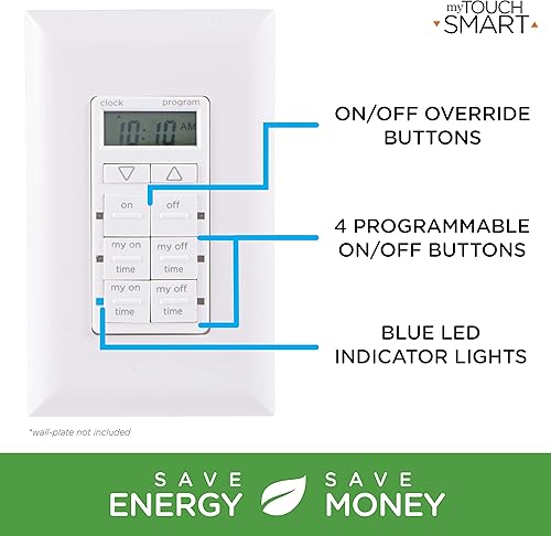 Vista 5 de myTouchSmart Temporizador digital de pared, 4 botones programables de encendido/apagado, 2 botones de encendido/apagado fáciles, ciclos diarios