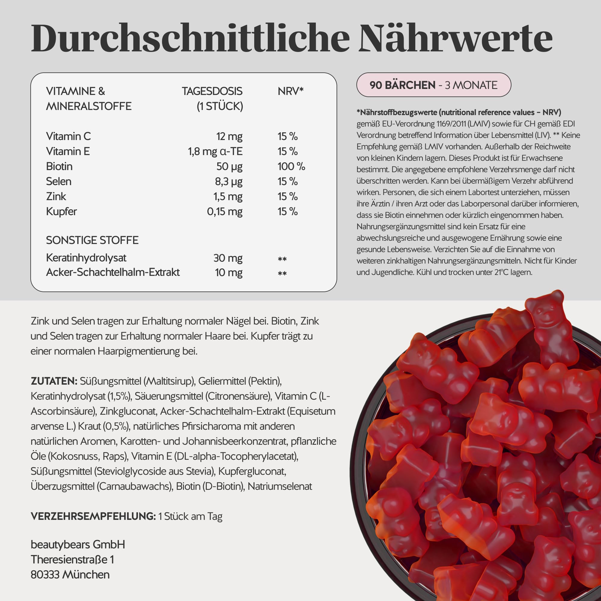 Bears with Benefits - Gummibärchen Keratin - Haare & Nägel - 90 Stück | You Nailed It Nail & Hair - Keratinhydrolysat, Biotin, Vitamin C, E, Zink - Vorrat für 3 Monate - Zuckerfrei, Vegetarisch