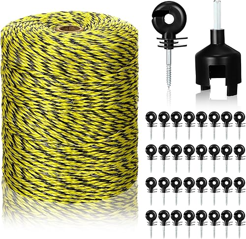 Alambre de polietileno eléctrico de 1312 pies, 1,312.3 ft, alambre de polietileno eléctrico portátil con 100 piezas aislador eléctrico de valla