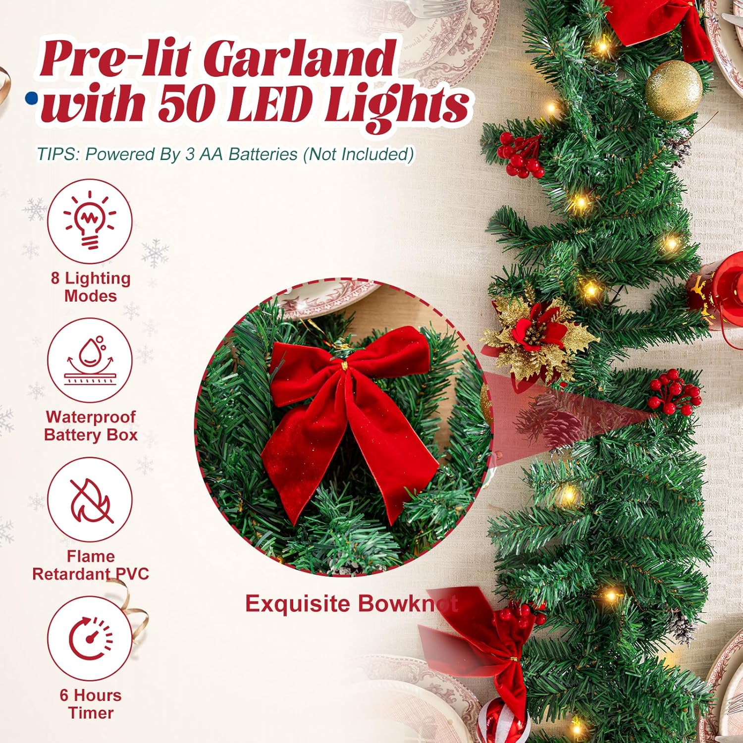 9 FT Pre-Lit Christmas Garland with 50 LED Lights Red Bows Flowers, Indoor Outdoor Lighted Garland for Stairs, Mantle, Door, Fireplace, Banister, Staircase, Holiday Christmas Decor, Battery Operated - Image 5