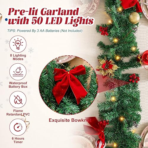 Miniatura 5 de Guirnalda de Navidad preiluminada de 9 pies con 50 luces LED, lazos rojos, flores, guirnalda iluminada para interiores y exteriores, para escaleras,