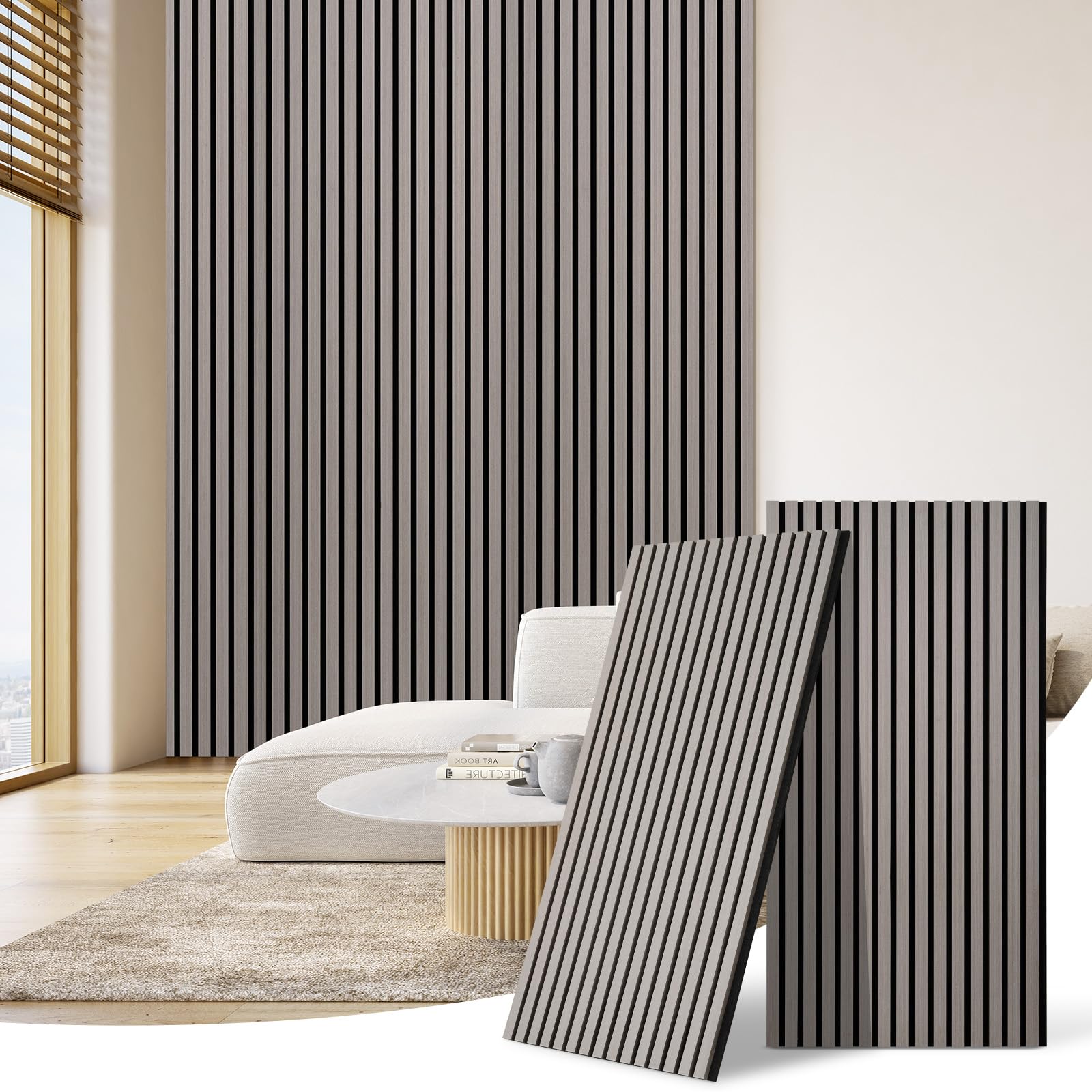 DOLLAR BOSS Paneles acústicos de madera, paneles de pared 3d 240x60cm, pared de madera, pared acústica, paneles acústicos, pared con molduras decorativas para oficina&habitación&cocina Gris