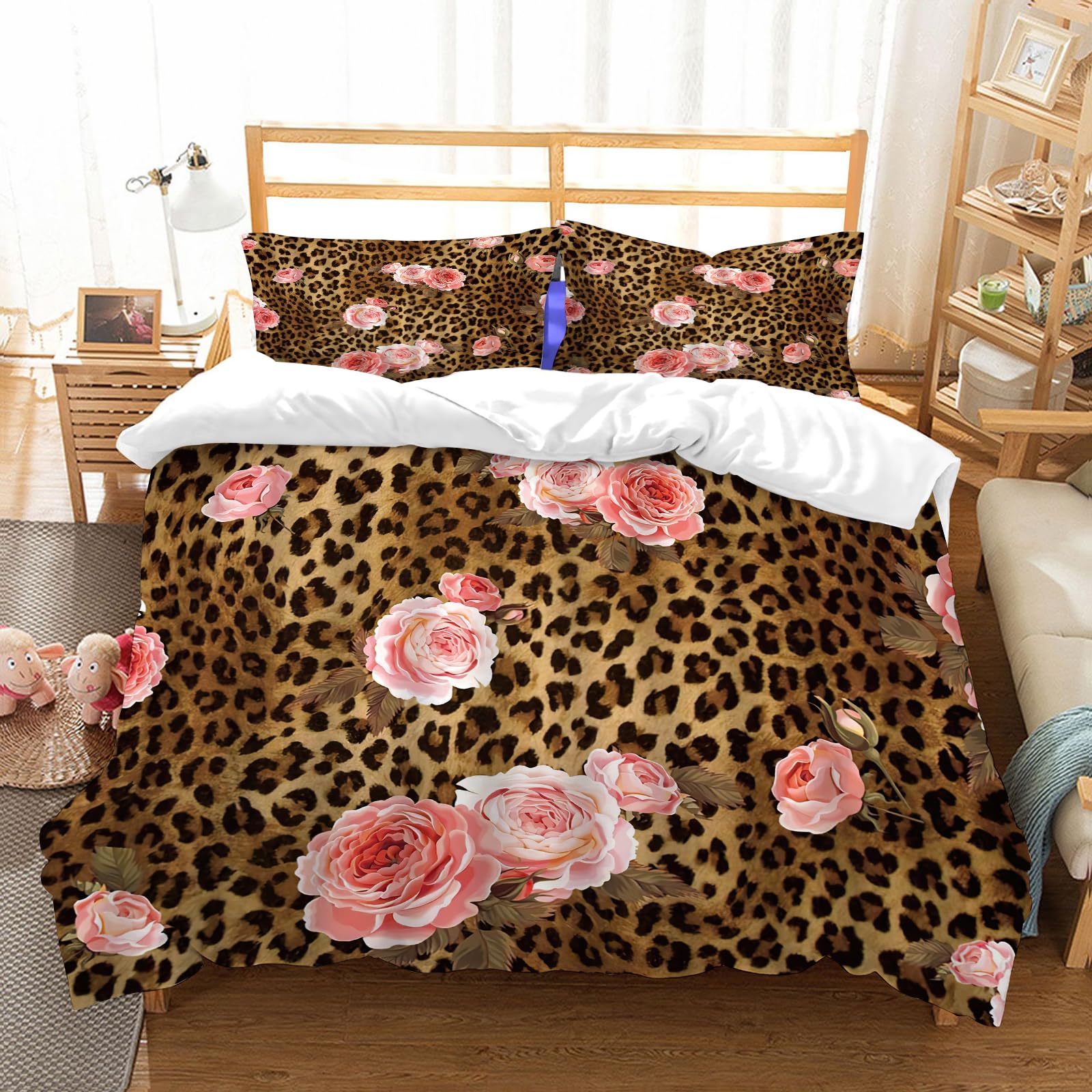 Parure de lit motif léopard rose et fleurs 200x228cm pour des nuits douces