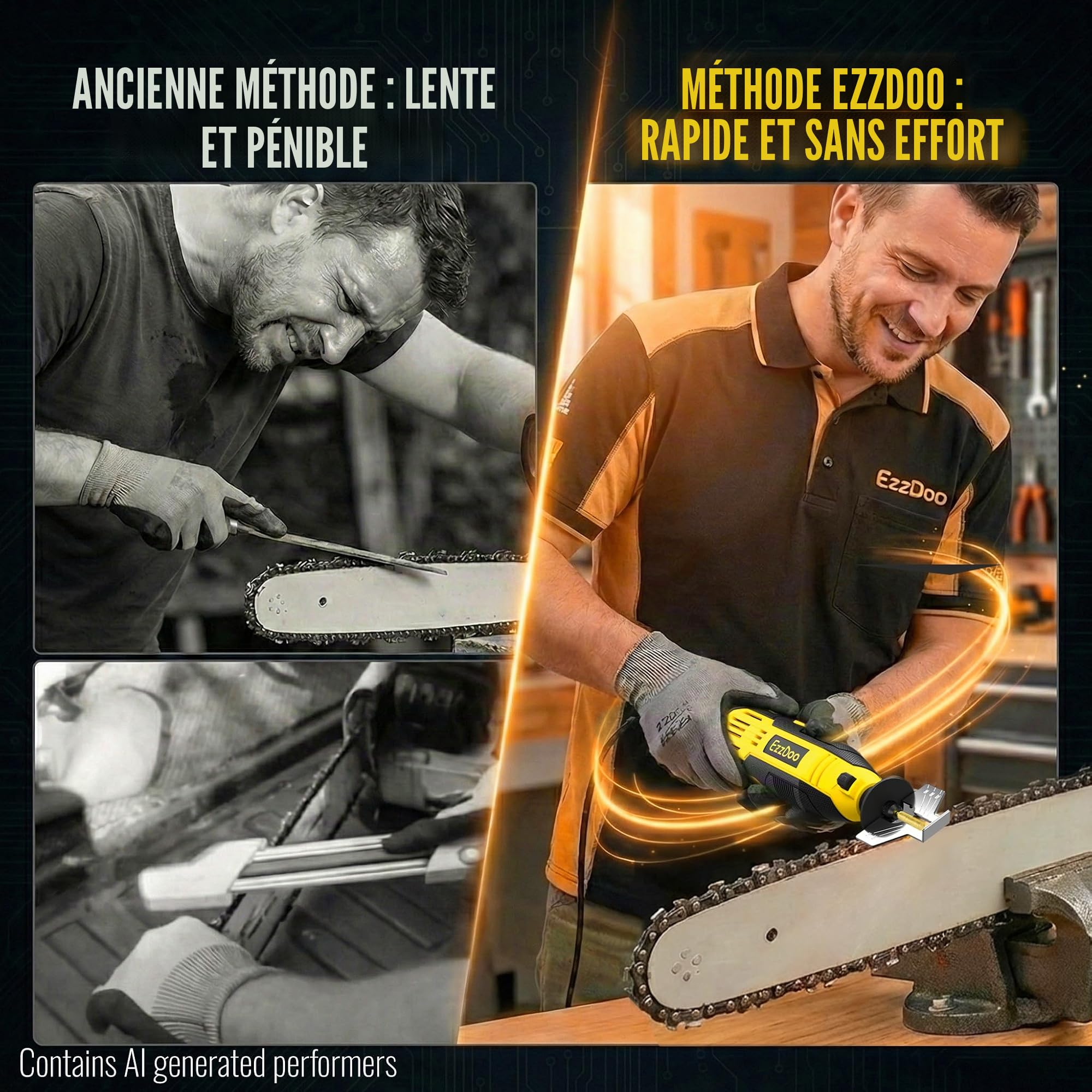 EzzDoo Kit Affûteuse Tronçonneuse Électrique avec Embouts Diamantés Revêtement Titane Outil Affûteuse Tronçonneuse Haute Vitesse et 6 Roues Affûtage Haute Dureté pour Toutes Chaînes de Tronçonneuse
