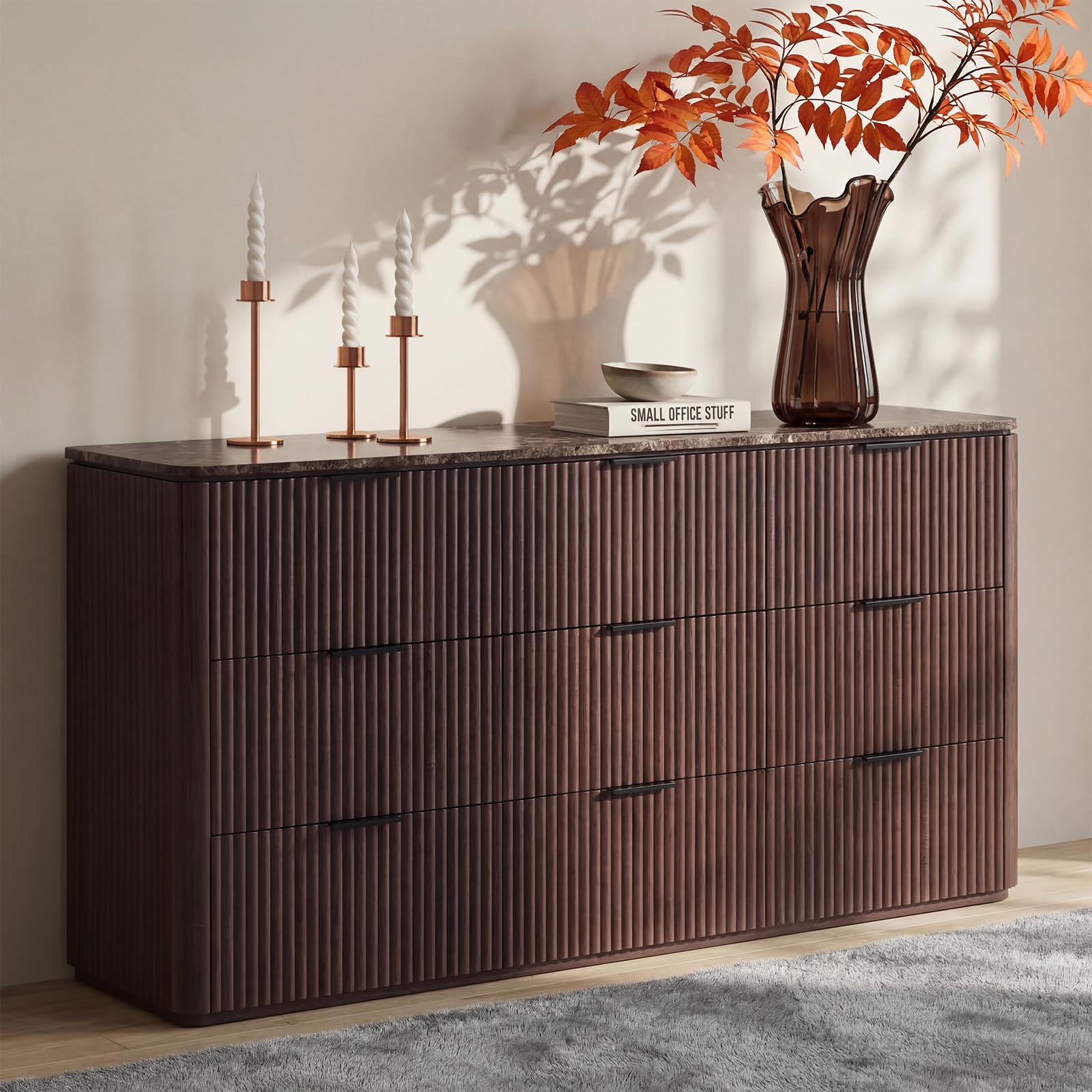 Dresser for Bedroom with 9 Drawers, 63"W Chest of Drawers, Fluted Dresser with Faux Marble Top, Curved Profile Design, Metal Handle, Wood Closet