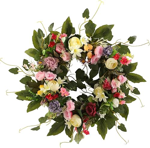 Artificial Camellia Wreath with Green Leaves,Four Seasons Front Door Wreath