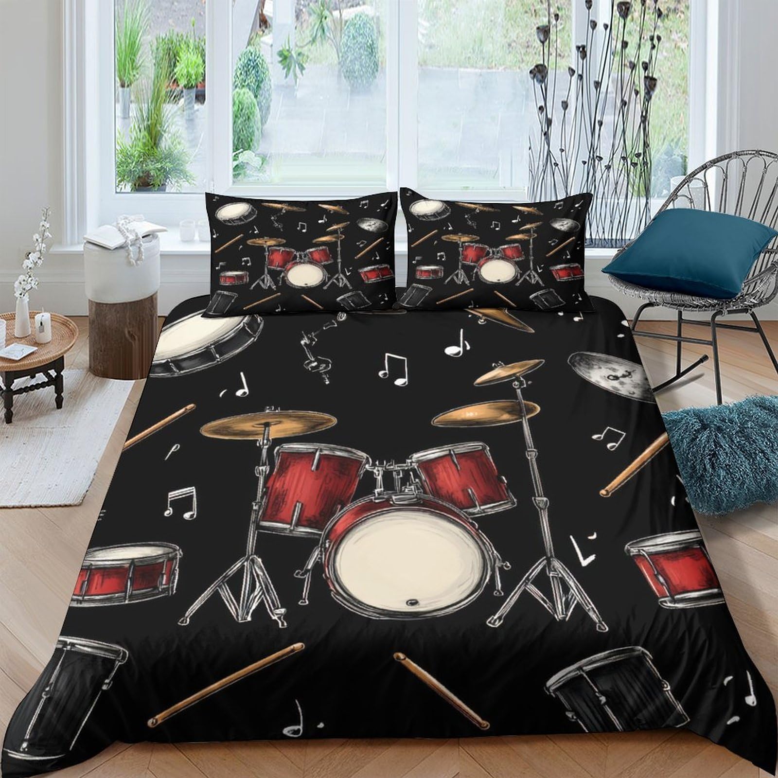 Ctjqhvkz Style-9 3D Printed Drum Kit Fitted Sheet Microfiber Soft Black Red Musical Note Bed Cover For Bedroom Dorm Mattress Decor Single（135X200cm）