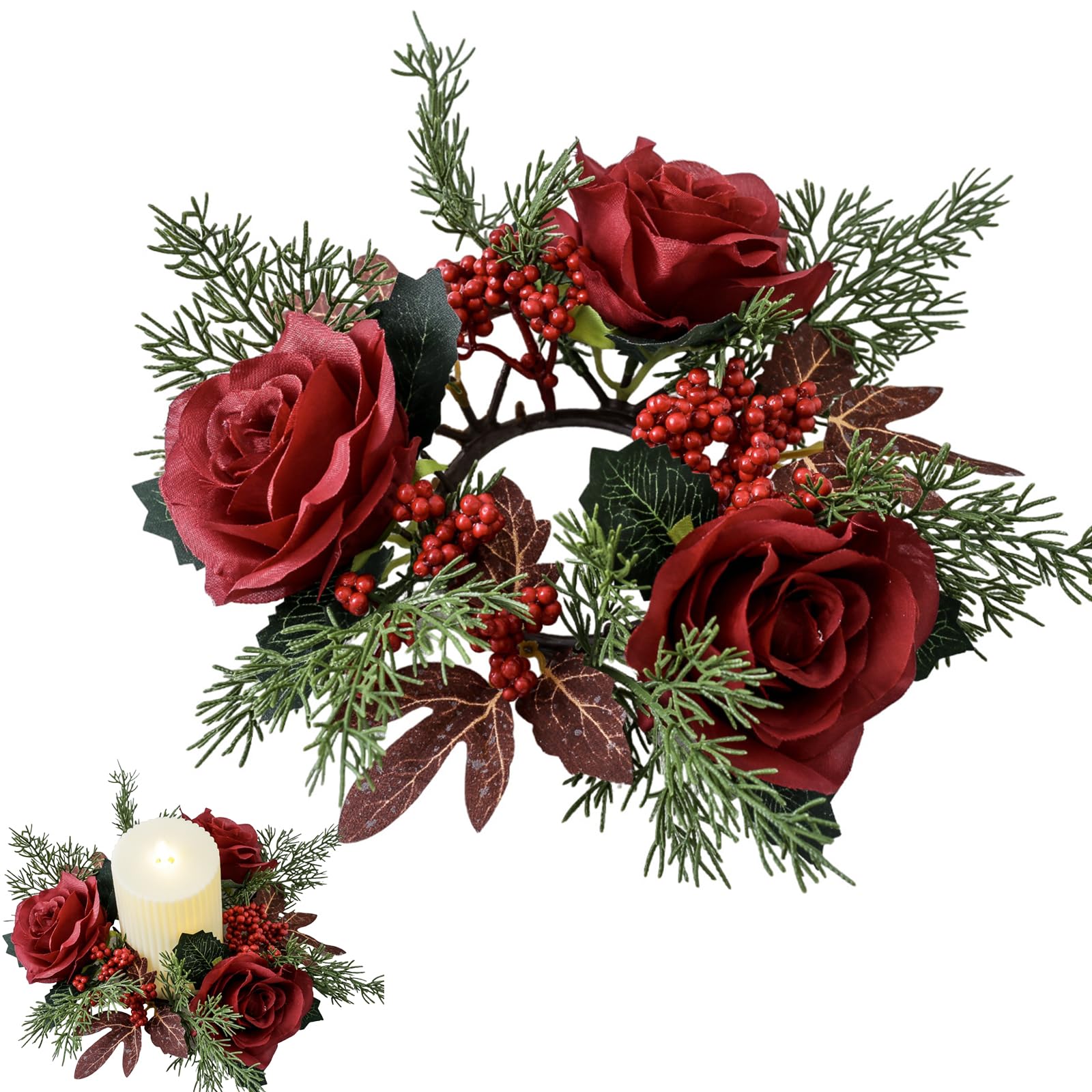 Christmas Rose Candle Holder - Xmas Wreath With Artificial Flowers, Red Berries, Pine Needle Leaves - Table Decoration for Dining Tables, Fireplaces, Windows