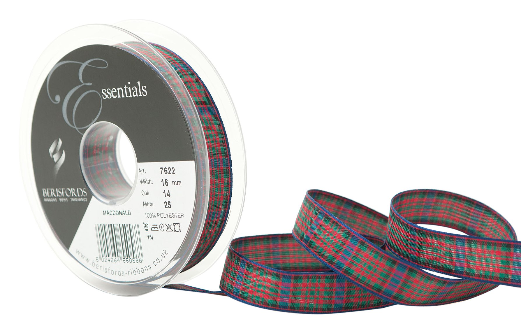 Berisfords Polyester Tartan Ribbon, Macdonald, 16 mm