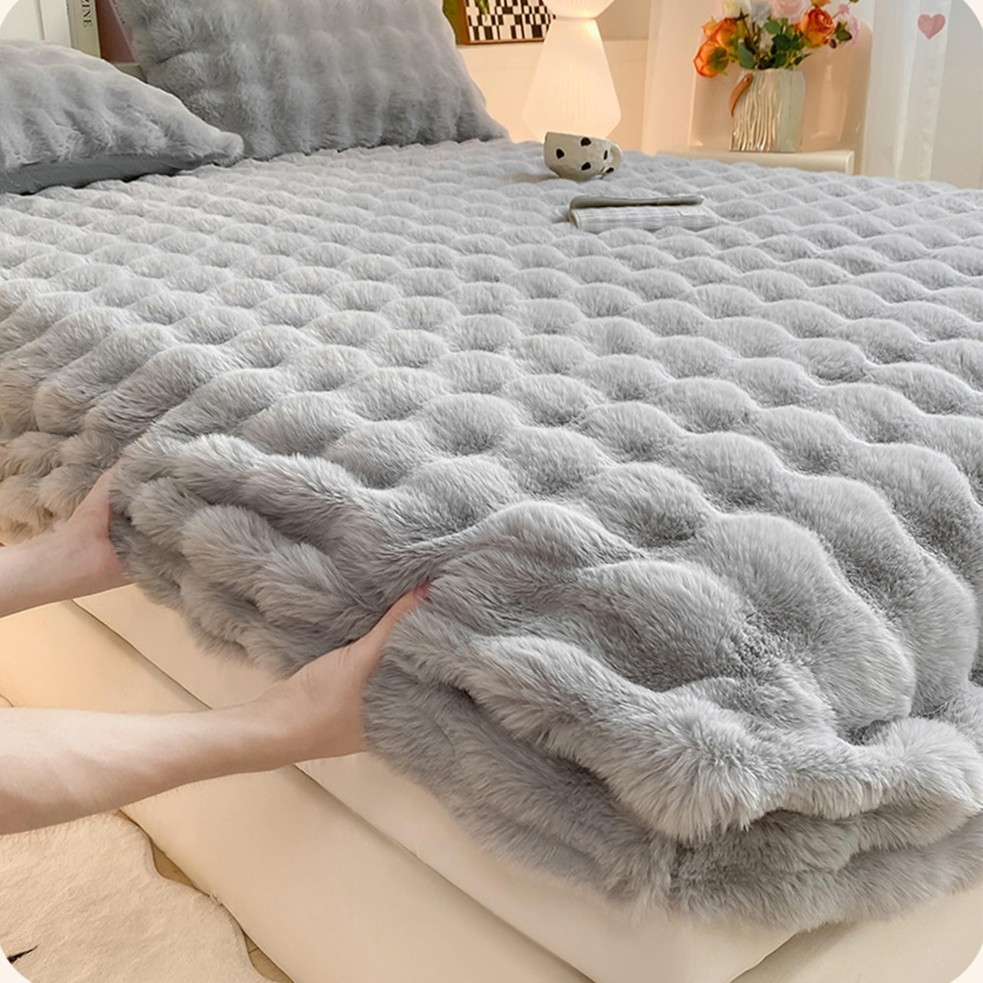 Zestaw prześcieradeł ze sztucznego futra królika | Zagęszczony mleczny aksamit, elastyczna głęboka kieszeń 360°, z 2 poszewkami na poduszki(B,Twin: 35*79in/90*200cm)