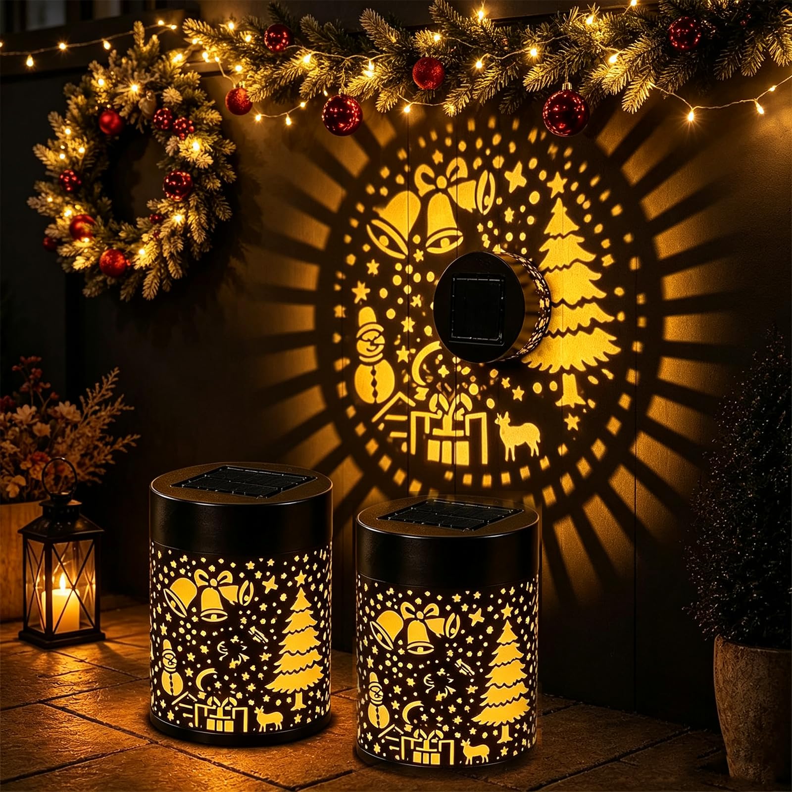 Solar Christmas Projector Outdoor Wall Light, Waterproof Metal Fence Lights with Christmas Tree Projection, Color-Changing Solar Lights for Garden Patio Porch Backyard Holiday Decor，B, 2pc