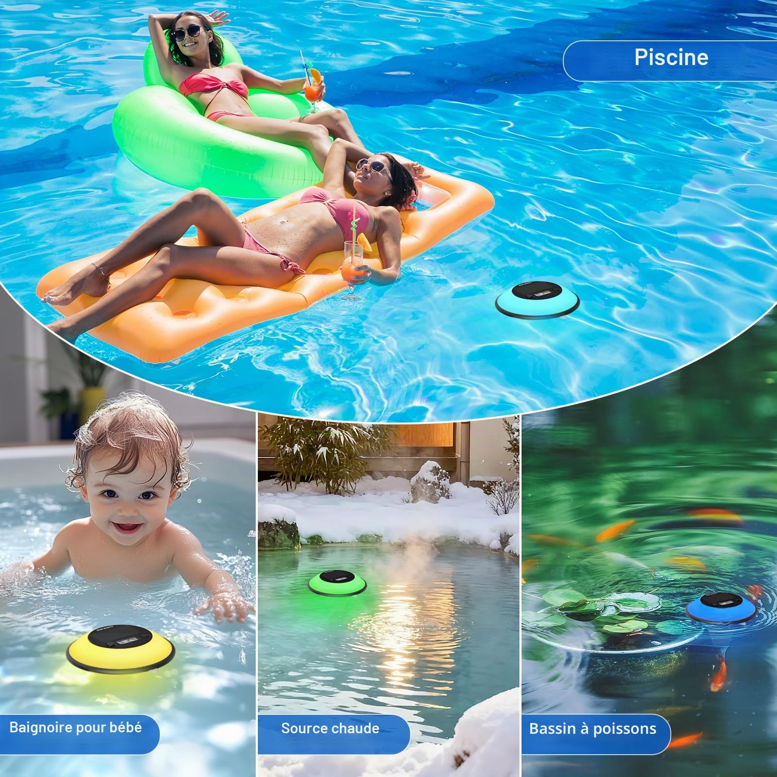 Inkbird Thermomètre Piscine WiFi Solaire, Étanche IP68, Lumières Multicolores, 3 Modes Auto-On, Moniteur Multifonctionnel, Contrôle App