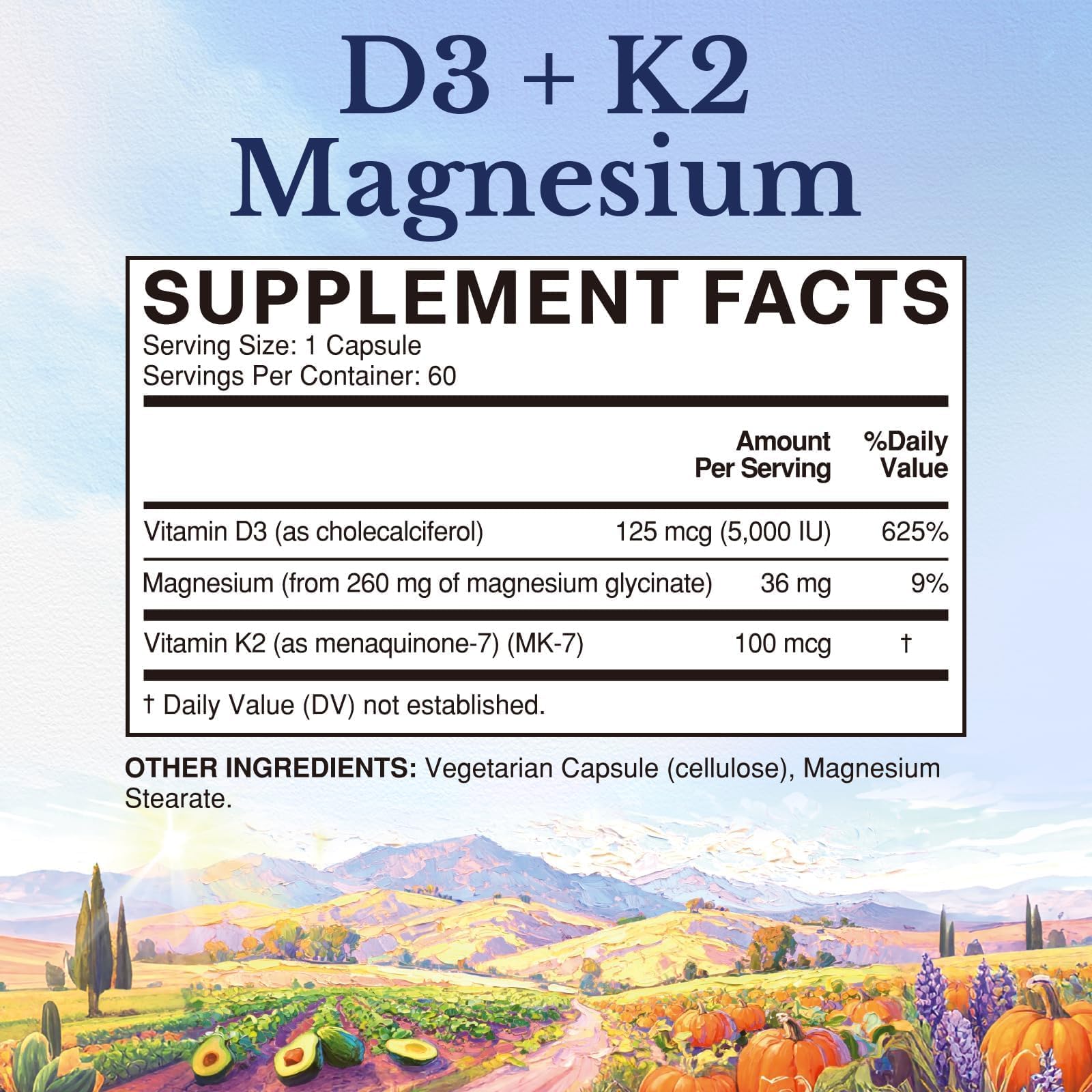 Vitalitown Vitamin D3 K2 with Magnesium, 5000 IU D3, 100 mcg K2 as MK-7, Magnesium Glycinate, Non-GMO, No Gluten, 3-in-1 Formula for Bone, Heart & Immune Health, 60 Capsules — Amazon image 2